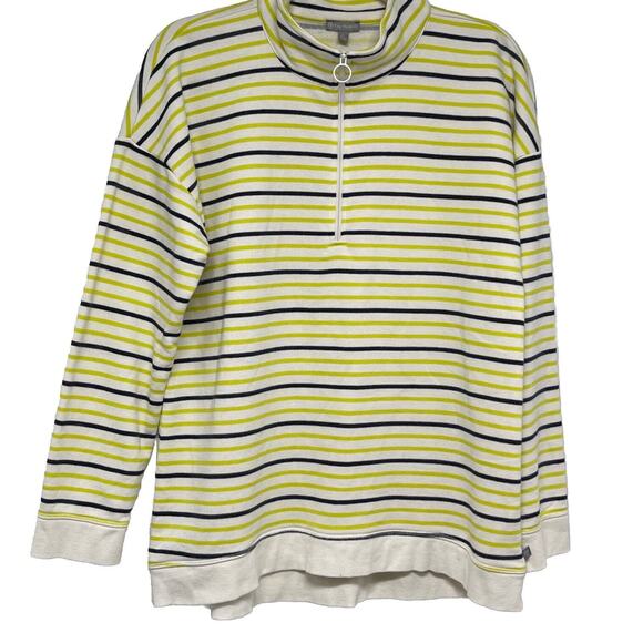 Talbots Stripe Classic French Terry Half Zip Pullover Large White Mock Neck Top - Picture 1 of 10